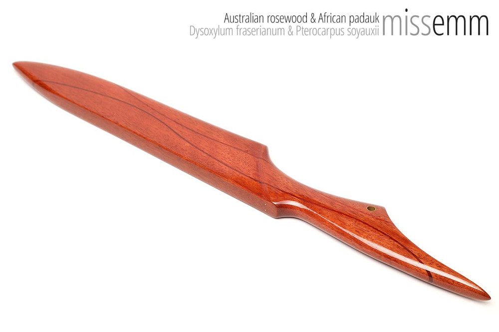 Unique handcrafted bdsm toys | Wooden spanking paddle | By kink artisan Miss Emm | Made from Australian rosewood with brass details | This paddle has a blade styled after a kitchen knife and a handle styled after who knows what!