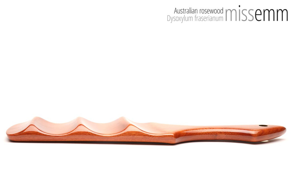 Unique handcrafted bdsm toys | Wooden spanking paddle | By kink artisan Miss Emm | Made from Australian rosewood with brass details.