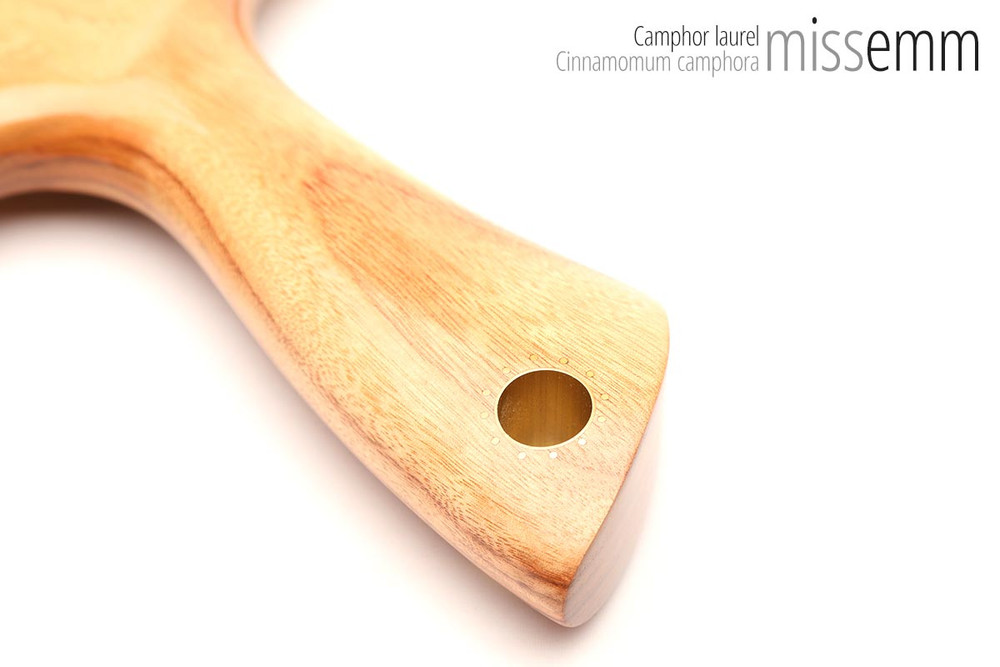 Unique handcrafted bdsm toys | Wooden spanking paddle | By kink artisan Miss Emm | Made from camphor laurel with brass details.