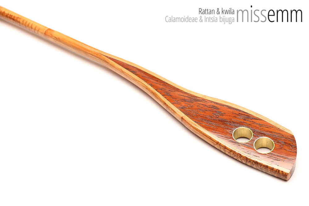 Unique handcrafted bdsm toys | Rattan spanking cane | By kink artisan Miss Emm | The shaft is rattan cane and the handle has been handcrafted from Kwila with brass details.