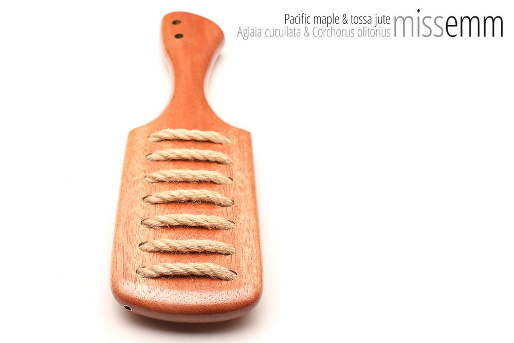 Unique handcrafted bdsm toys | Wooden spanking paddle | By kink artisan Miss Emm | Made from Pacific maple with brass details.