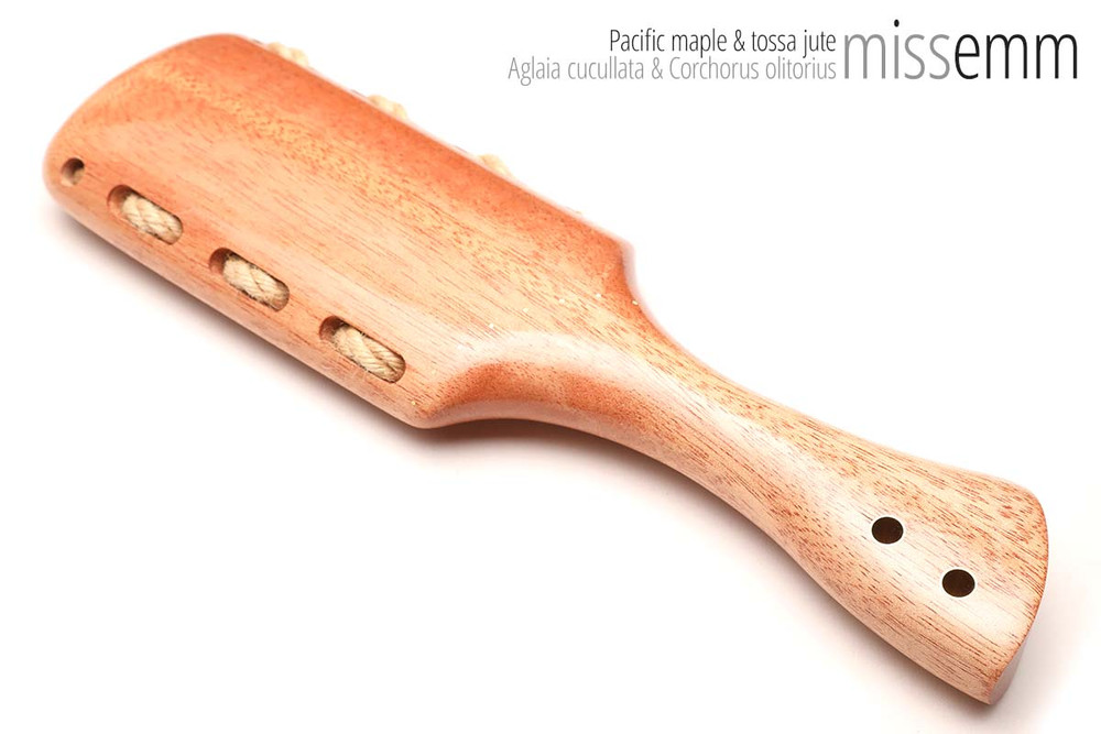 Unique handcrafted bdsm toys | Wooden spanking paddle | By kink artisan Miss Emm | Made from Pacific maple with brass details.