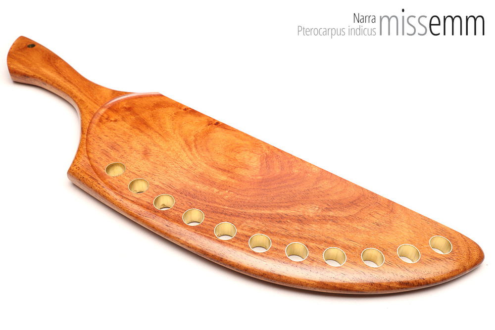 Unique handcrafted bdsm toys | Wooden spanking paddle | By kink artisan Miss Emm | Made from narra with brass details.