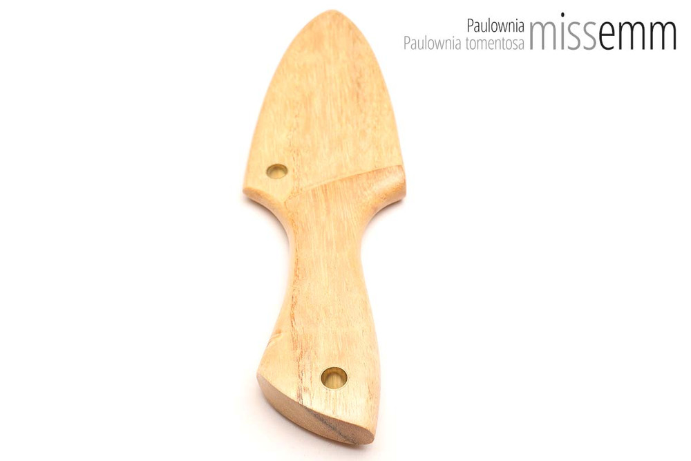 Unique handcrafted bdsm toys | Wooden spanking paddle | By kink artisan Miss Emm | Made from paulownia with brass details.