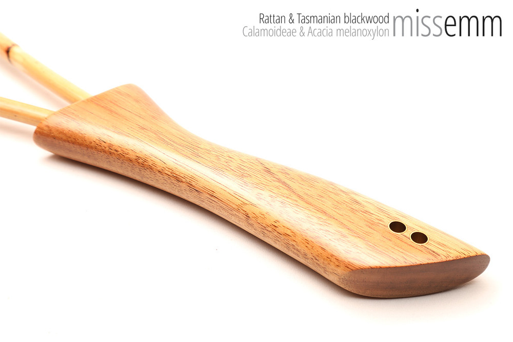 Unique handcrafted bdsm toys | Rattan loop cane | By kink artisan Miss Emm | The shaft is made from rattan cane and the handle has been handcrafted from Tasmanian blackwood with brass details.