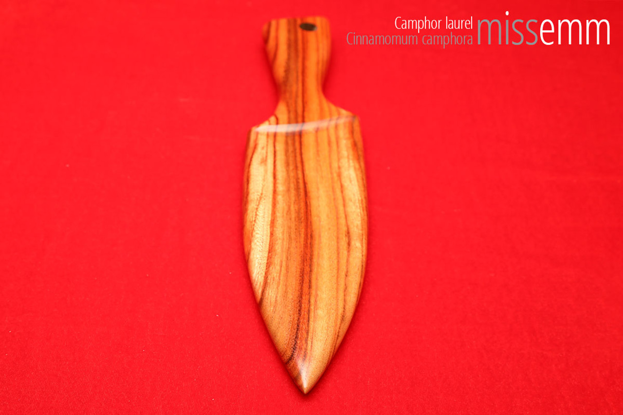 Unique handcrafted spanking toys | Wooden paddle | By kink artisan Miss Emm | Made from camphor laurel with brass details.