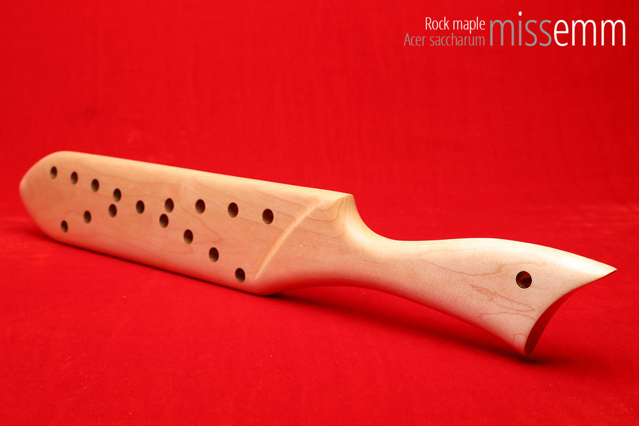 Unique handcrafted spanking toys | Wooden paddle | By kink artisan Miss Emm | Made from rock maple with brass details.