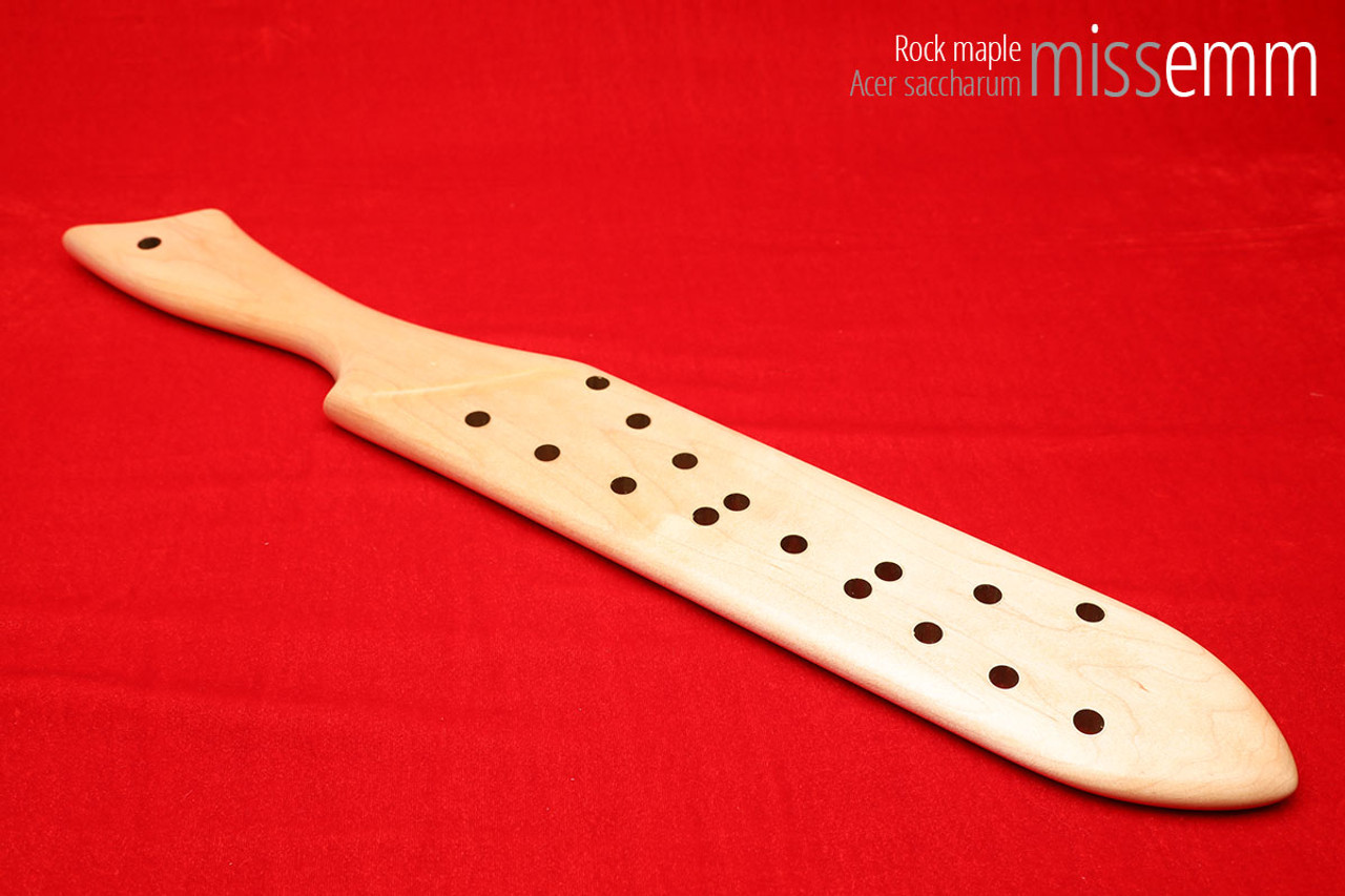 Unique handcrafted spanking toys | Wooden paddle | By kink artisan Miss Emm | Made from rock maple with brass details.