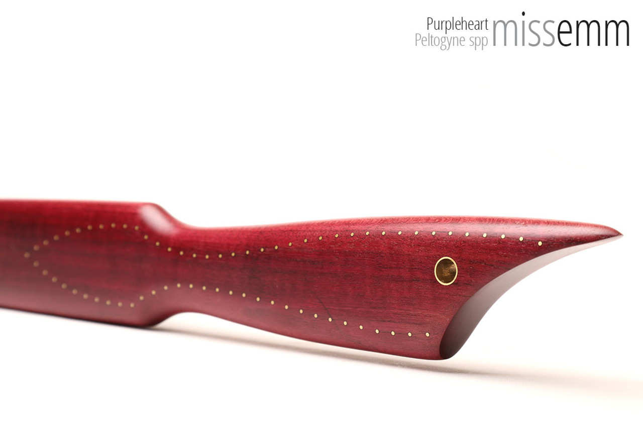 Unique handcrafted spanking toys | Wooden paddle | By kink artisan Miss Emm | Made from purpleheart with brass details.
