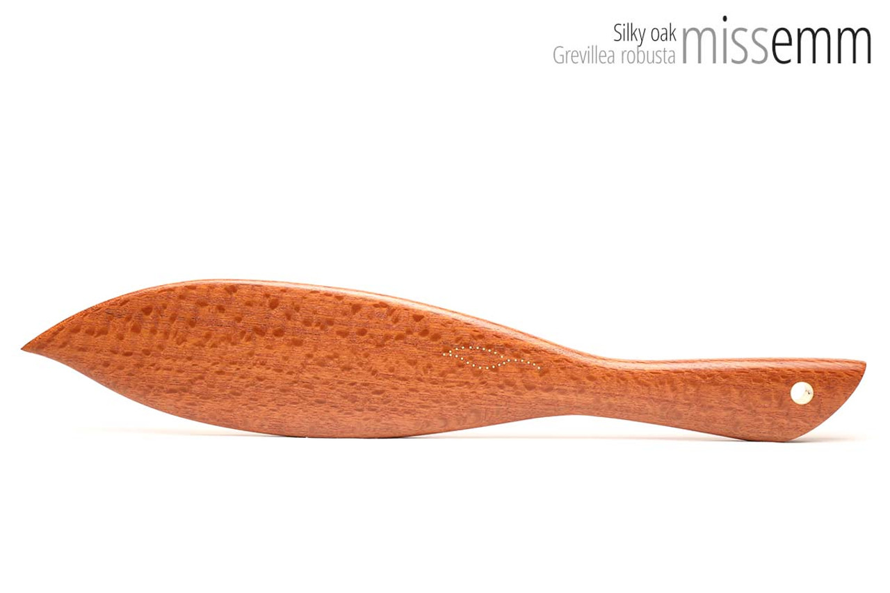 Unique handcrafted spanking toys | Wooden paddle | By kink artisan Miss Emm | Made from silky oak with brass details.