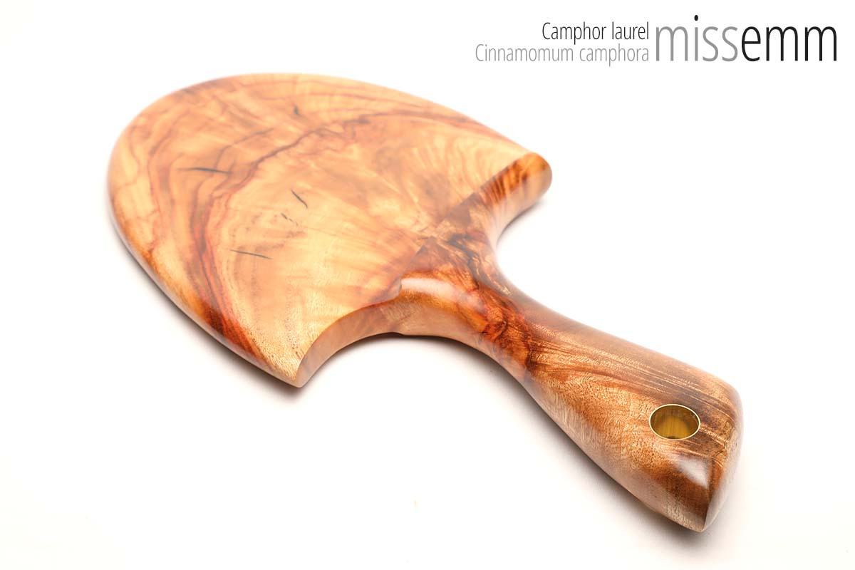 Unique handcrafted spanking toys | Wooden paddle | By kink artisan Miss Emm | Made from camphor laurel with brass details.