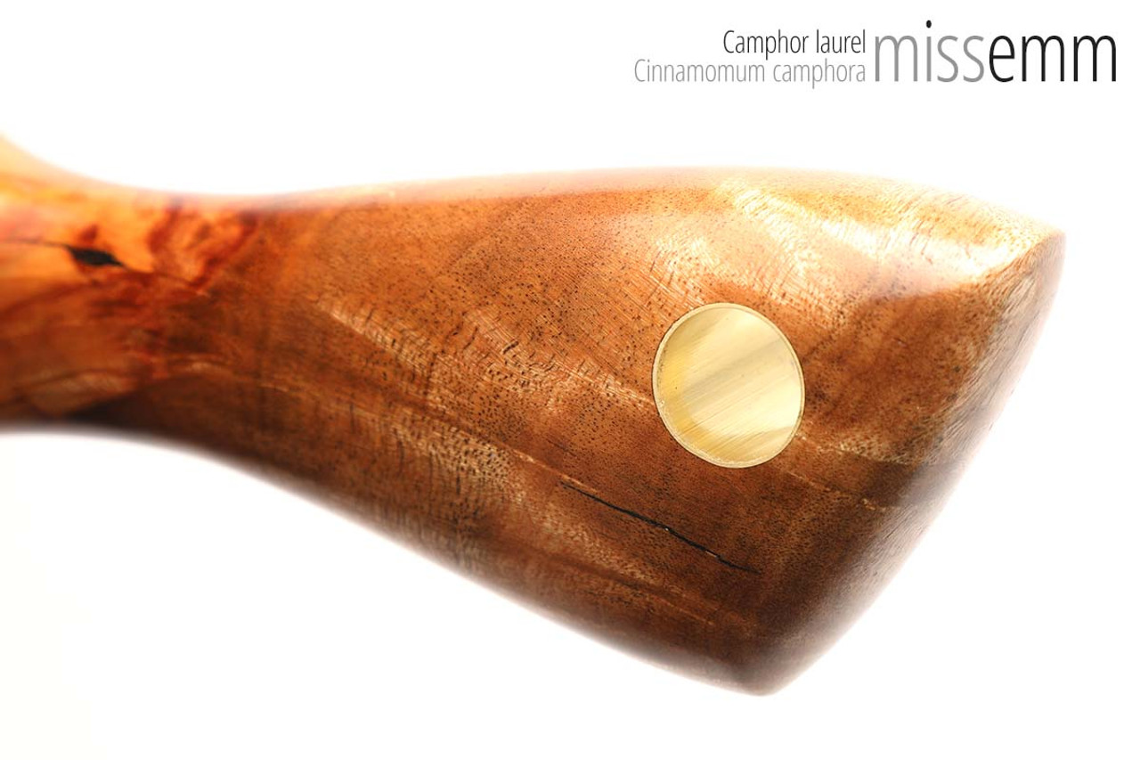 Unique handcrafted spanking toys | Wooden paddle | By kink artisan Miss Emm | Made from camphor laurel with brass details.