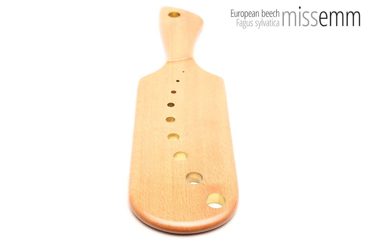 Unique handcrafted spanking toys | Wooden paddle | By kink artisan Miss Emm | Made from European beech with brass details.