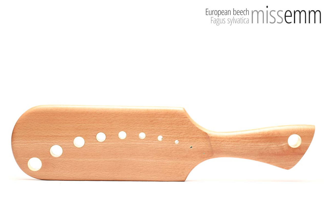 Unique handcrafted spanking toys | Wooden paddle | By kink artisan Miss Emm | Made from European beech with brass details.