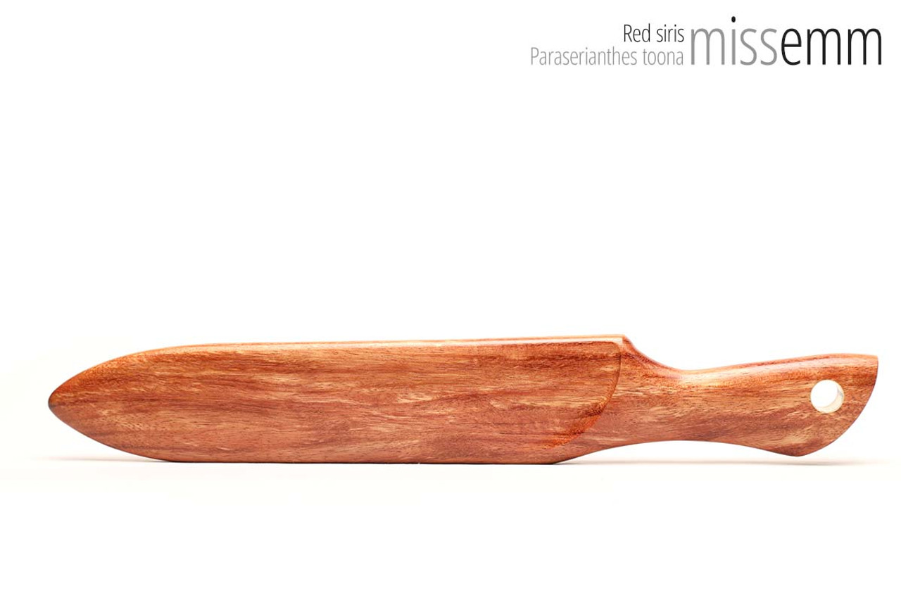 Unique handcrafted spanking toys | Wooden paddle | By kink artisan Miss Emm | Made from red siris with brass details.