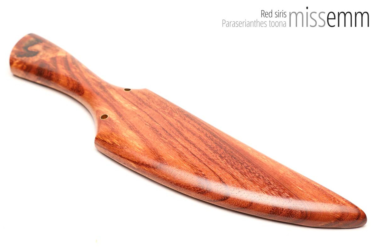 Unique handcrafted spanking toys | Wooden paddle | By kink artisan Miss Emm | Made from red siris with brass details.