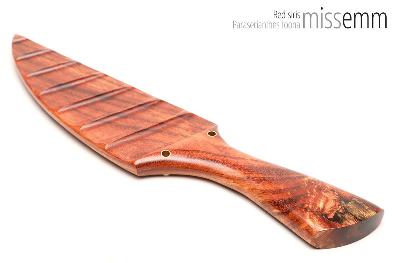 Unique handcrafted spanking toys | Wooden paddle | By kink artisan Miss Emm | Made from red siris with brass details.