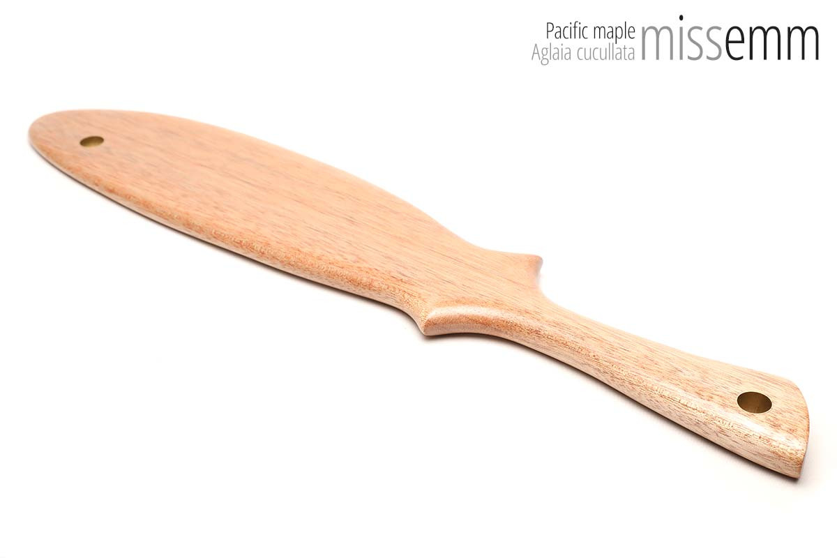 Unique handcrafted spanking toys | Wooden paddle | By kink artisan Miss Emm | Made from Pacific maple with brass details.