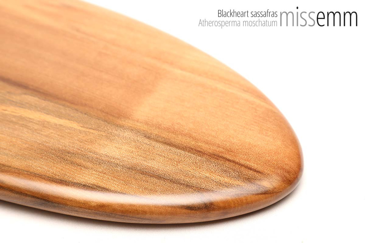 Unique handcrafted spanking toys | Wooden paddle | By kink artisan Miss Emm | Made from blackheart sassafras with brass details.