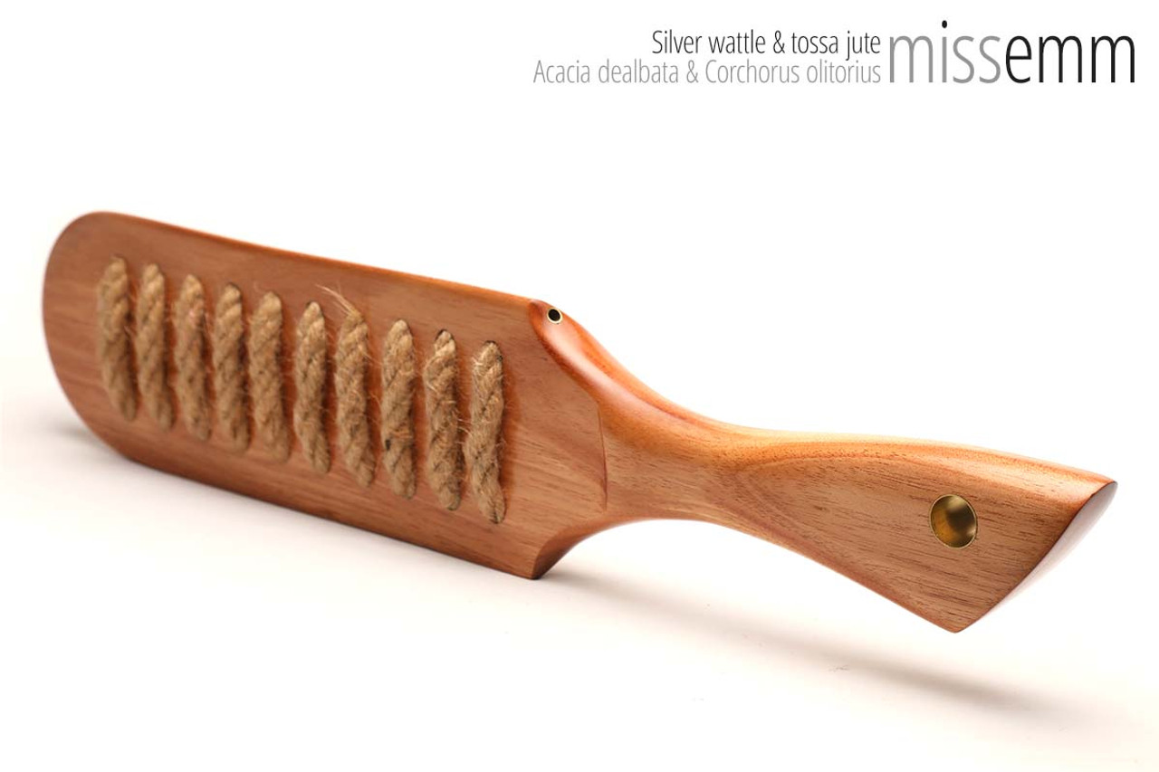 Unique handcrafted spanking toys | Wooden paddle | By kink artisan Miss Emm | Made from silver wattle with brass details.