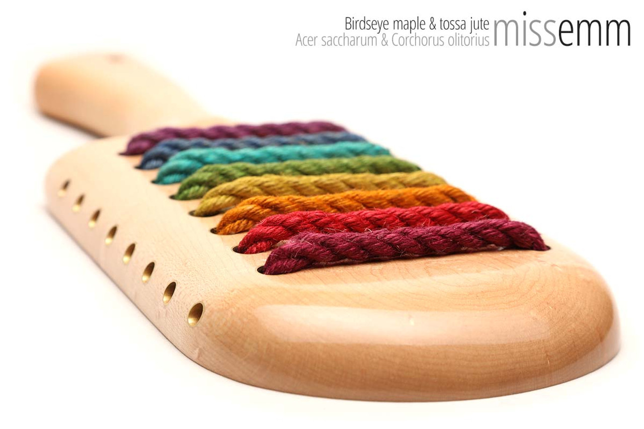 Unique handcrafted spanking toys | Wooden paddle | By kink artisan Miss Emm | Made from birdseye maple with brass details.