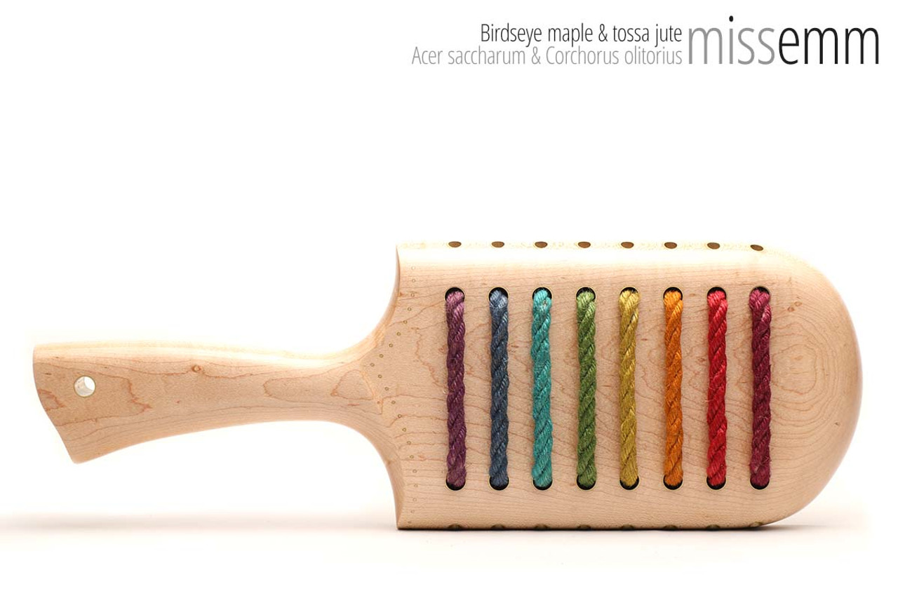 Unique handcrafted spanking toys | Wooden paddle | By kink artisan Miss Emm | Made from birdseye maple and jute with brass details.