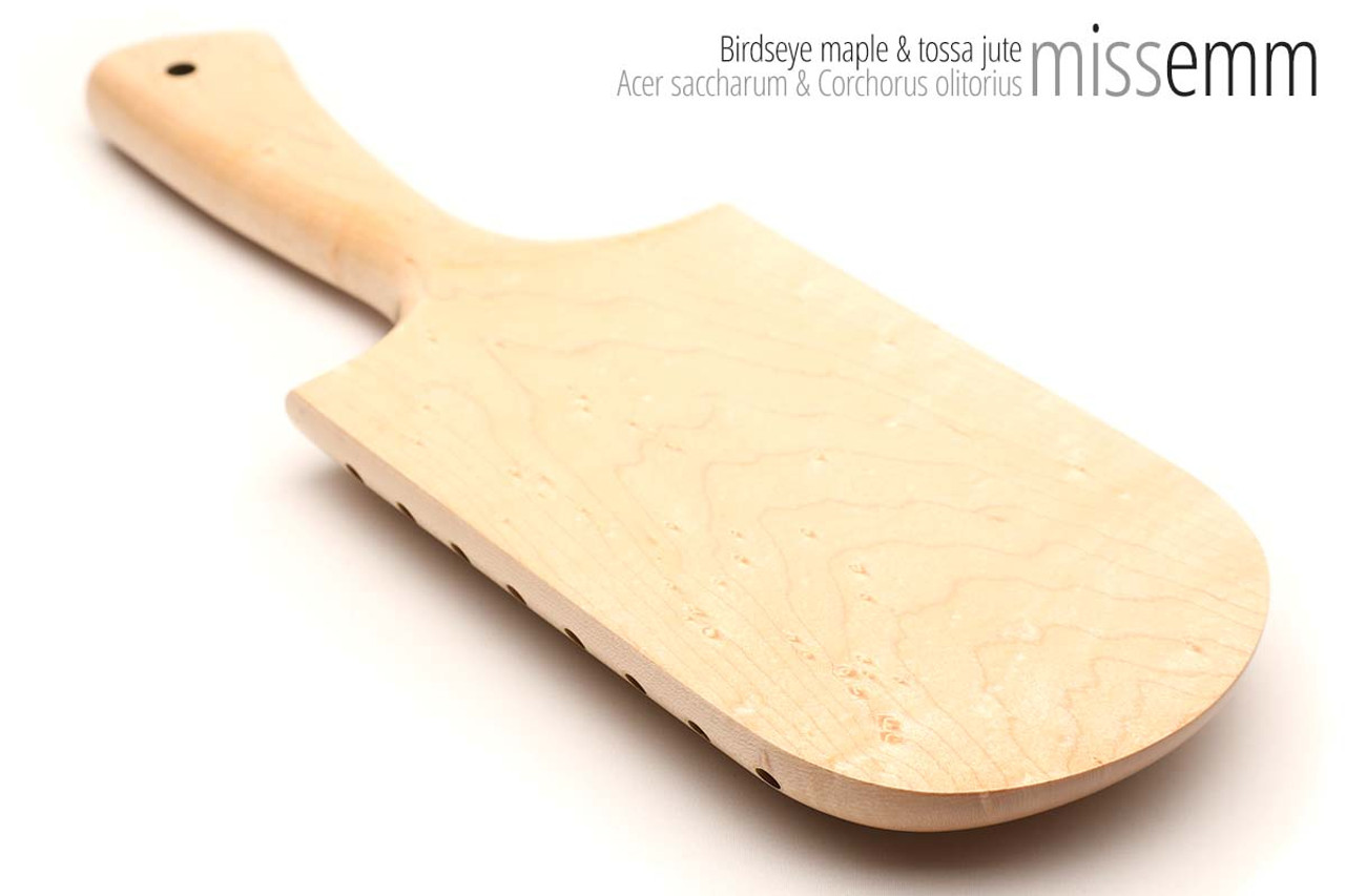 Unique handcrafted spanking toys | Wooden paddle | By kink artisan Miss Emm | Made from birdseye maple and jute with brass details.