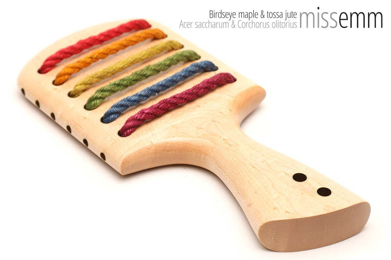 Unique handcrafted spanking toys | Wooden paddle | By kink artisan Miss Emm | Made from birdseye maple with brass details.