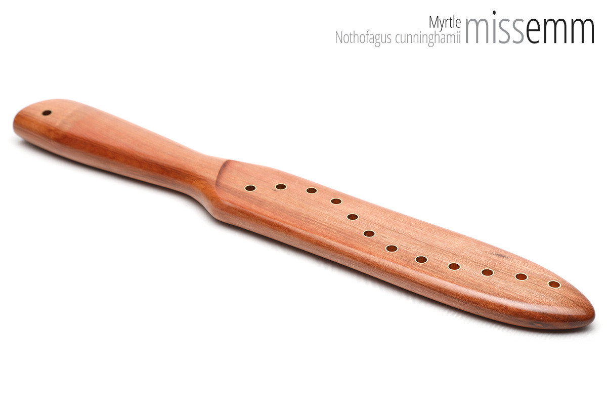 Unique handcrafted spanking toys | Wooden paddle | By kink artisan Miss Emm | Made from myrtle with brass details.