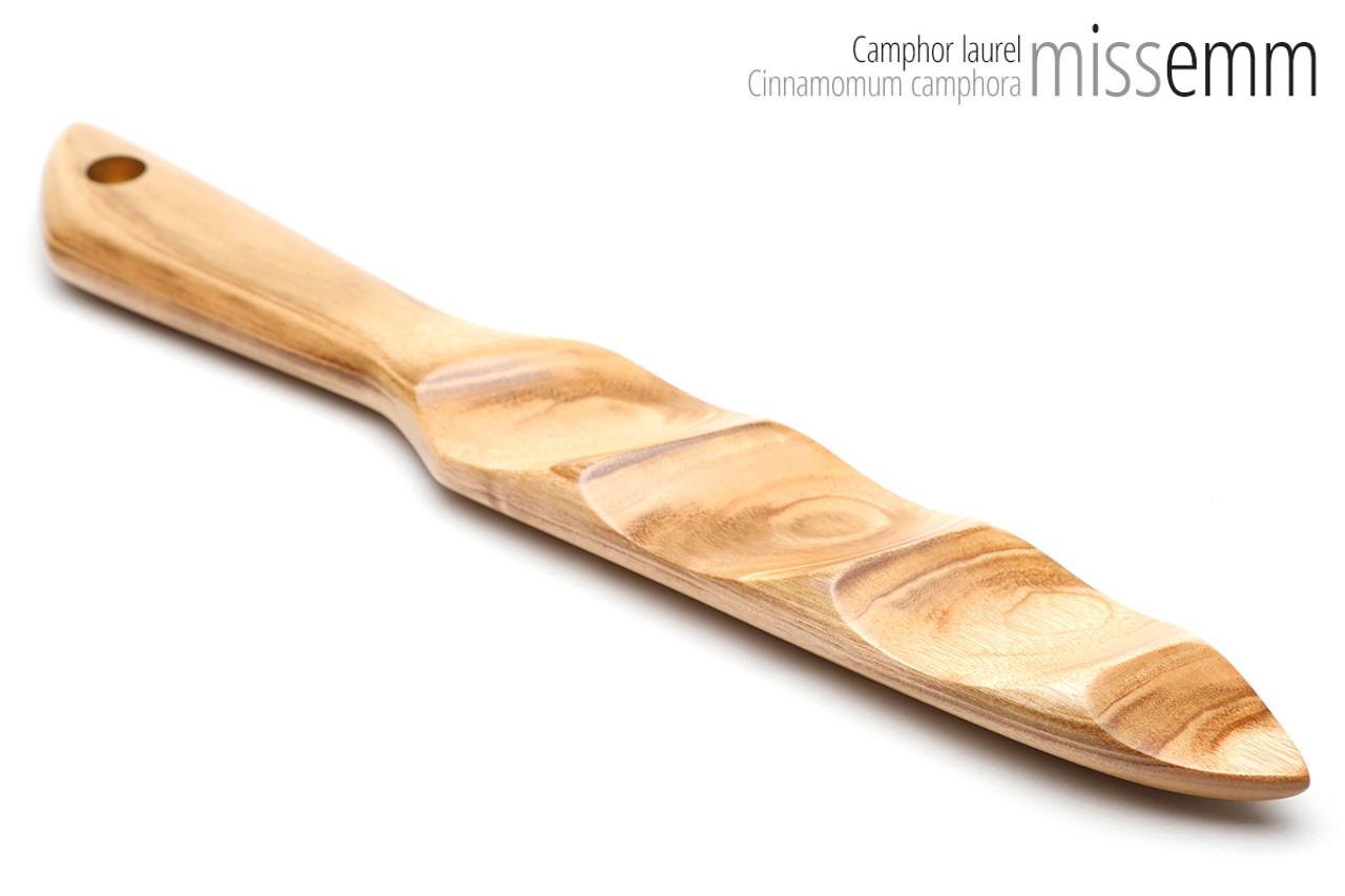 Unique handcrafted spanking toys | Wooden paddle | By kink artisan Miss Emm | Made from camphor laurel with brass details.