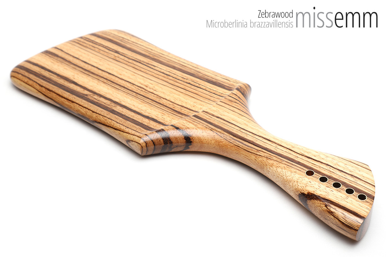 Unique handcrafted spanking toys | Wooden paddle | By kink artisan Miss Emm | Made from zebrawood with brass details.