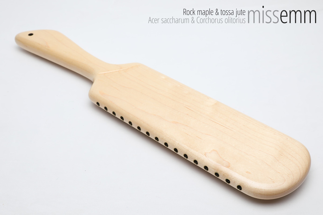 Unique handcrafted spanking toys | Wooden paddle | By kink artisan Miss Emm | Made from rock maple with brass details.