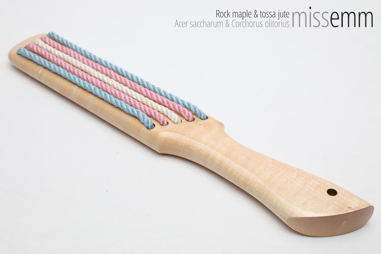 Unique handcrafted spanking toys | Wooden paddle | By kink artisan Miss Emm | Made from birds eye maple with brass details.