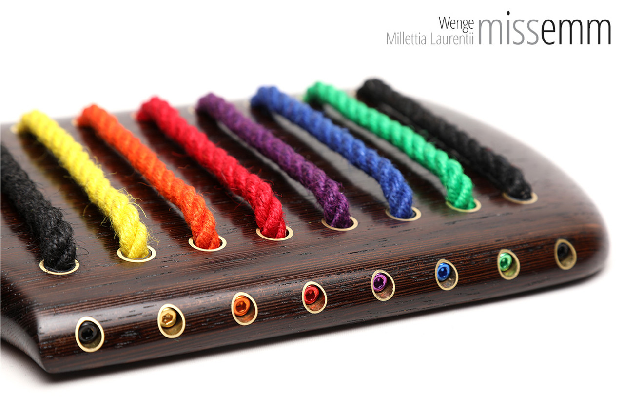 Unique spanking toys | Wood & rope paddle | By kink artisan Miss Emm | Made from wenge and tossa jute, this rainbow rope paddle has brass fittings, anodised alumnium screws and a Danish oil finish. It is a heavy and thuddy spanking implement, perfect for some seriously stylish impact play.