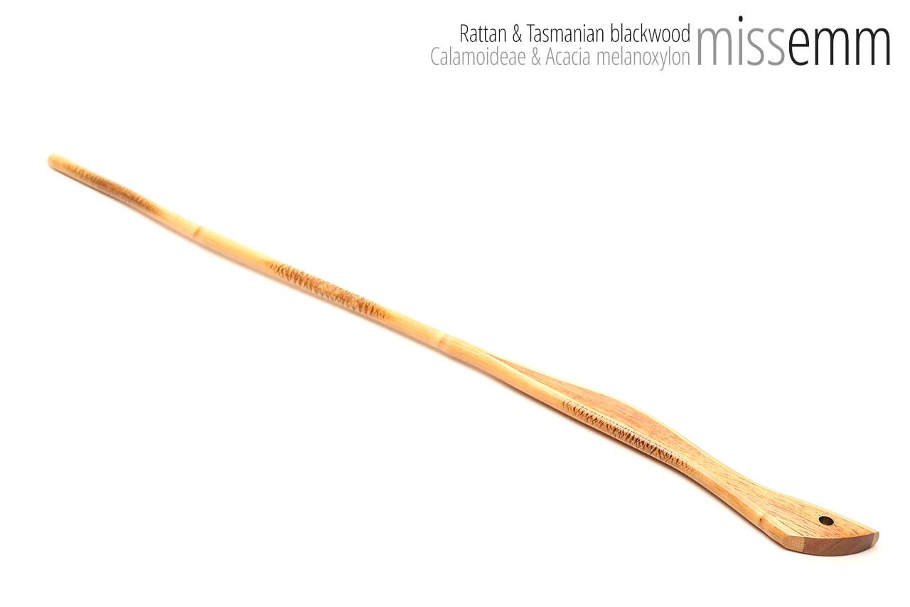 Handmade bdsm toys | Rattan cane | By kink artisan Miss Emm | The cane shaft is rattan cane and the handle has been handcrafted from Tasmanian blackwood with brass details.