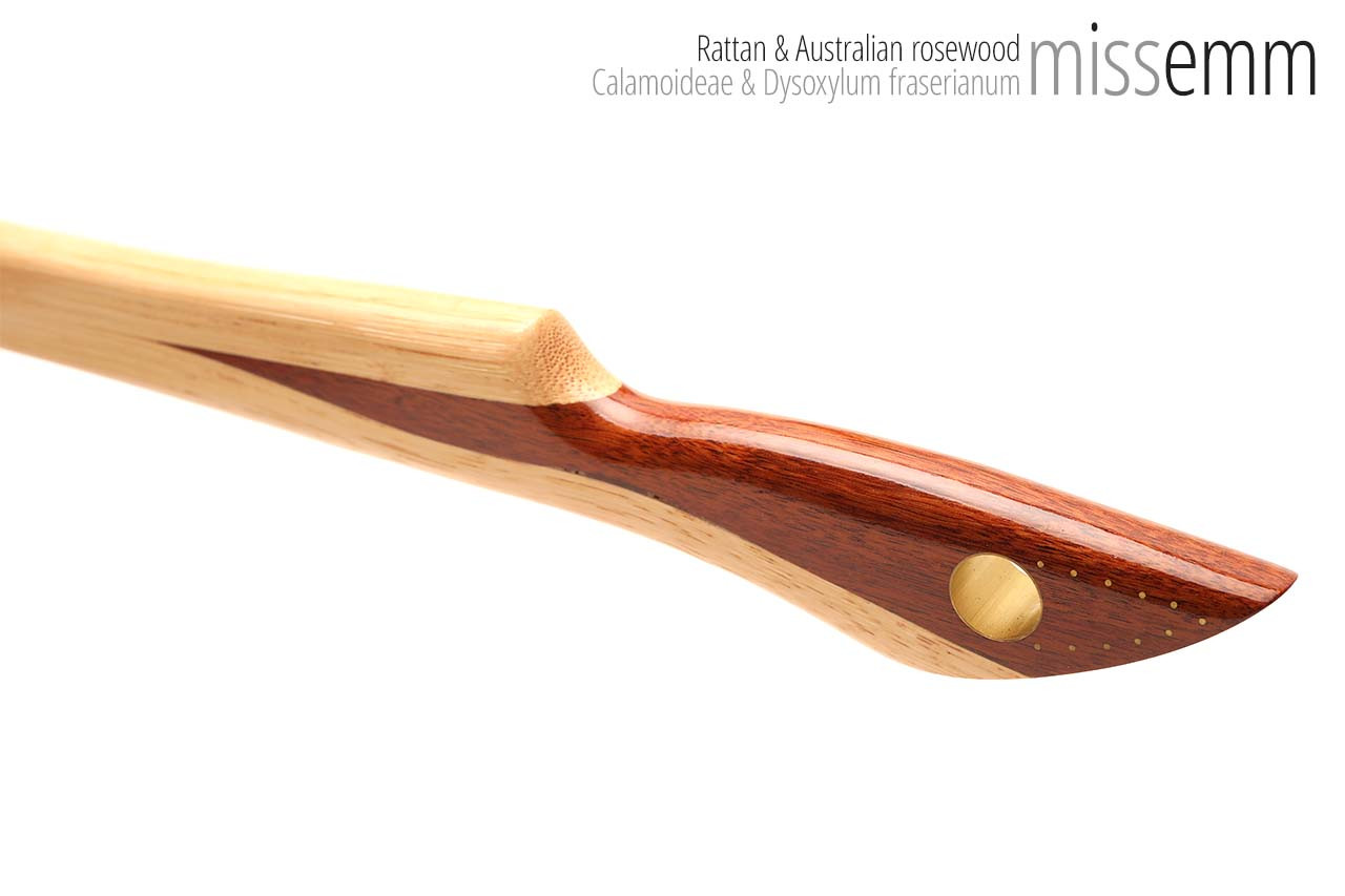 Unique spanking toys | Rattan pane (flat bladed cane) | By kink artisan Miss Emm | The shaft is made from rattan cane and the handle has been handcrafted from Australian rosewood with brass details.