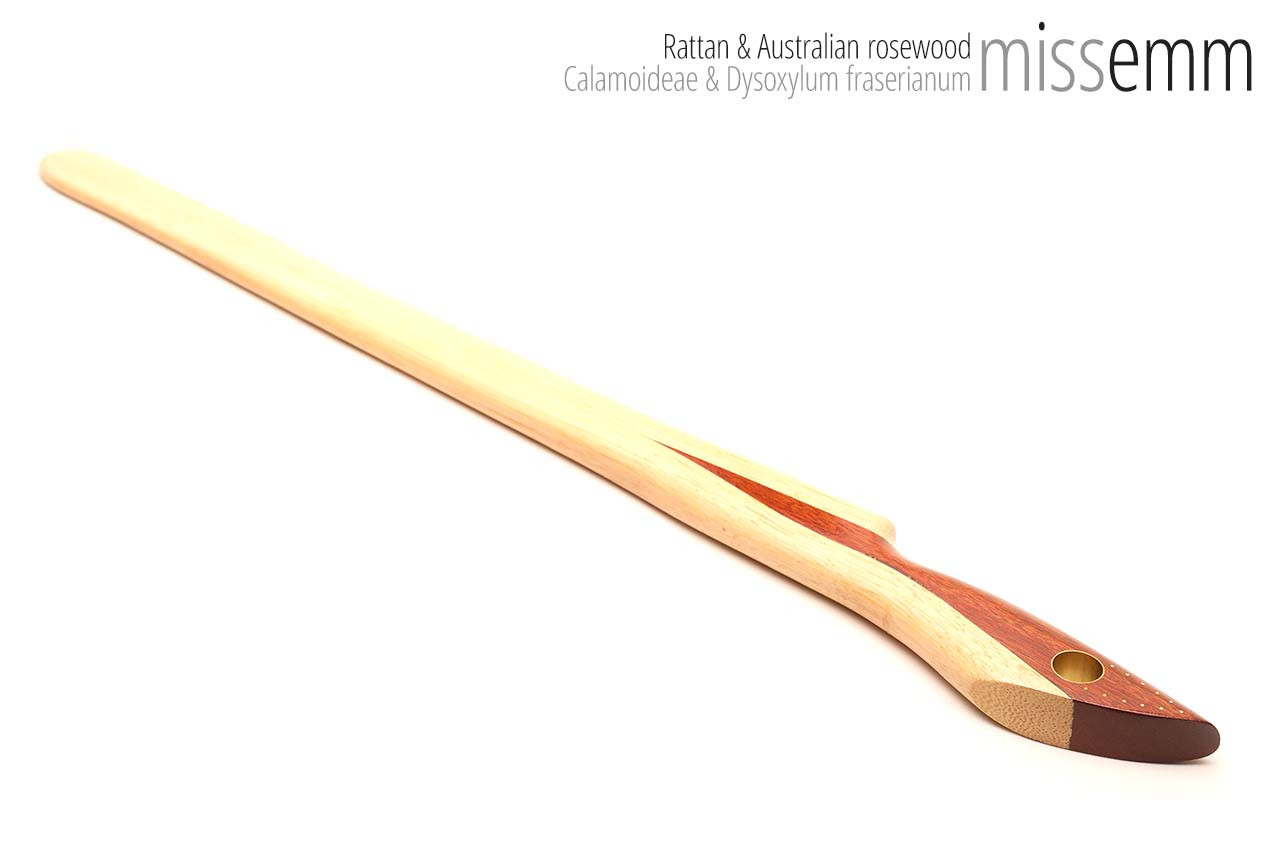 Unique spanking toys | Rattan pane (flat bladed cane) | By kink artisan Miss Emm | The shaft is made from rattan cane and the handle has been handcrafted from Australian rosewood with brass details.