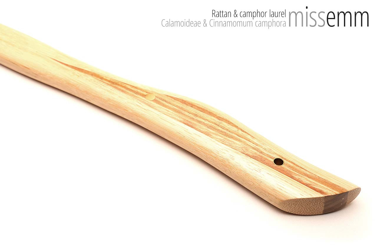 Unique spanking toys | Rattan pane (flat bladed cane) | By kink artisan Miss Emm | The shaft is made from rattan cane and the handle has been handcrafted from camphor laurel with brass details.