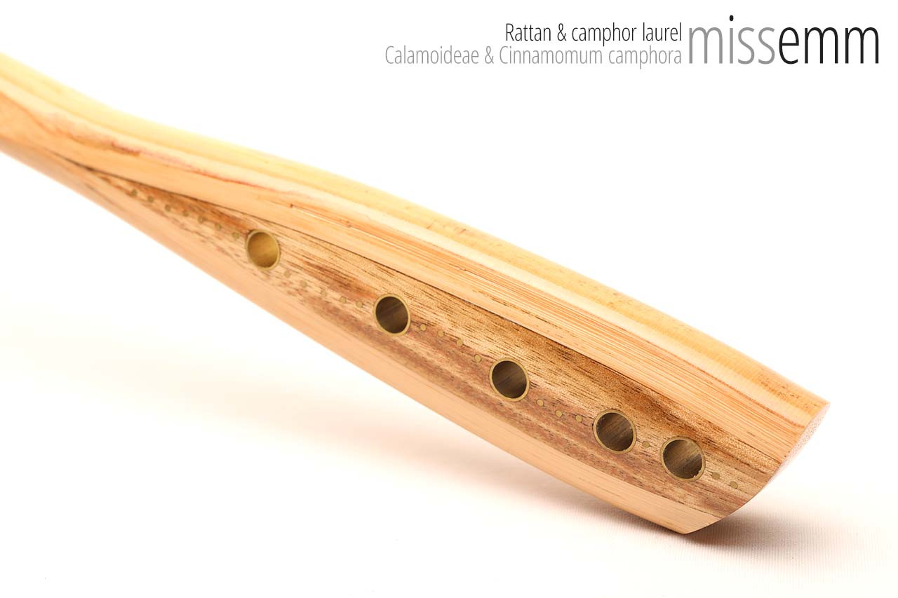 Unique spanking toys | Rattan pane (flat bladed cane) | By kink artisan Miss Emm | The shaft is made from rattan cane and the handle has been handcrafted from camphor laurel with brass details.