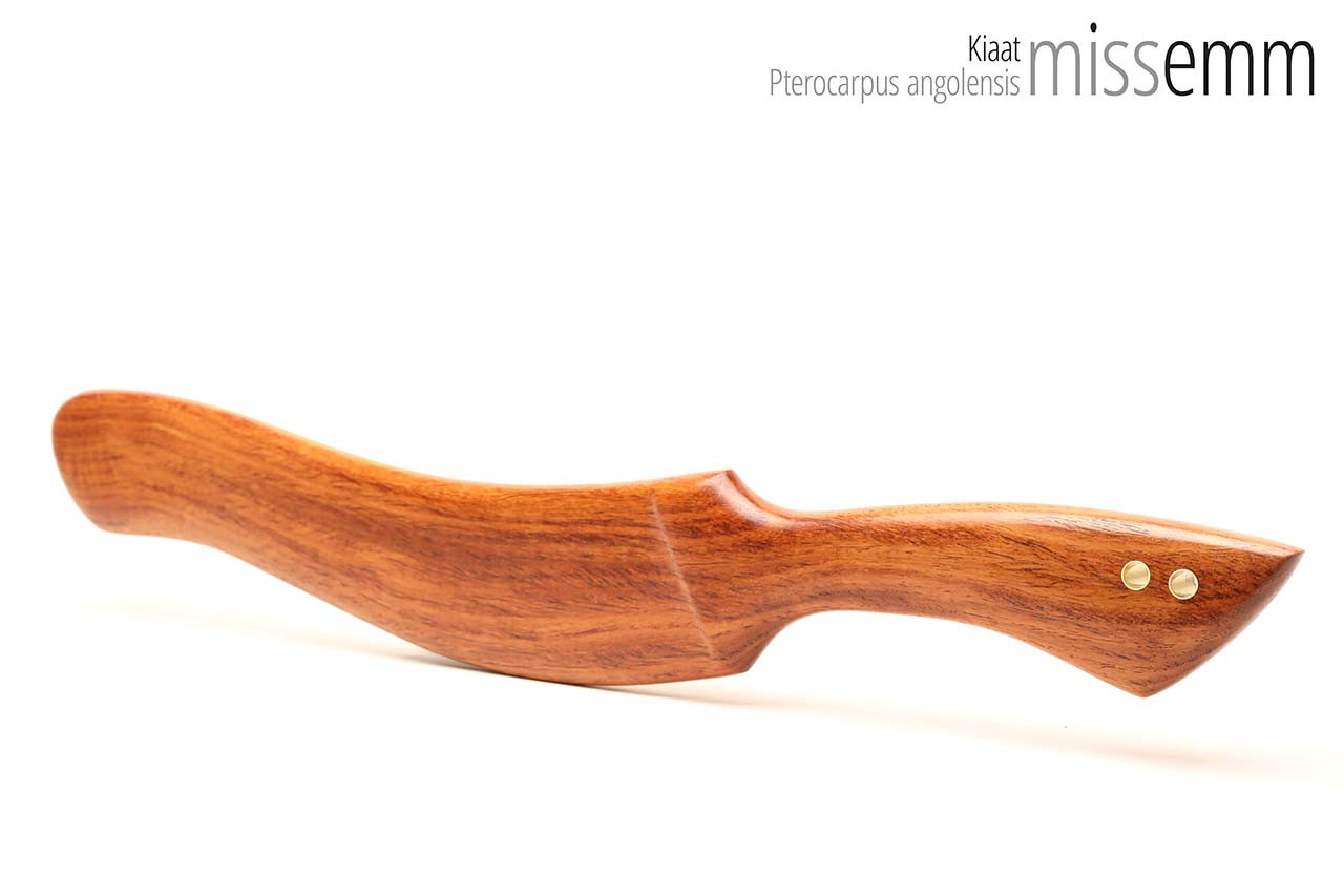 Unique handcrafted spanking toys | Wooden paddle | By kink artisan Miss Emm | Made from kiaat with brass details.