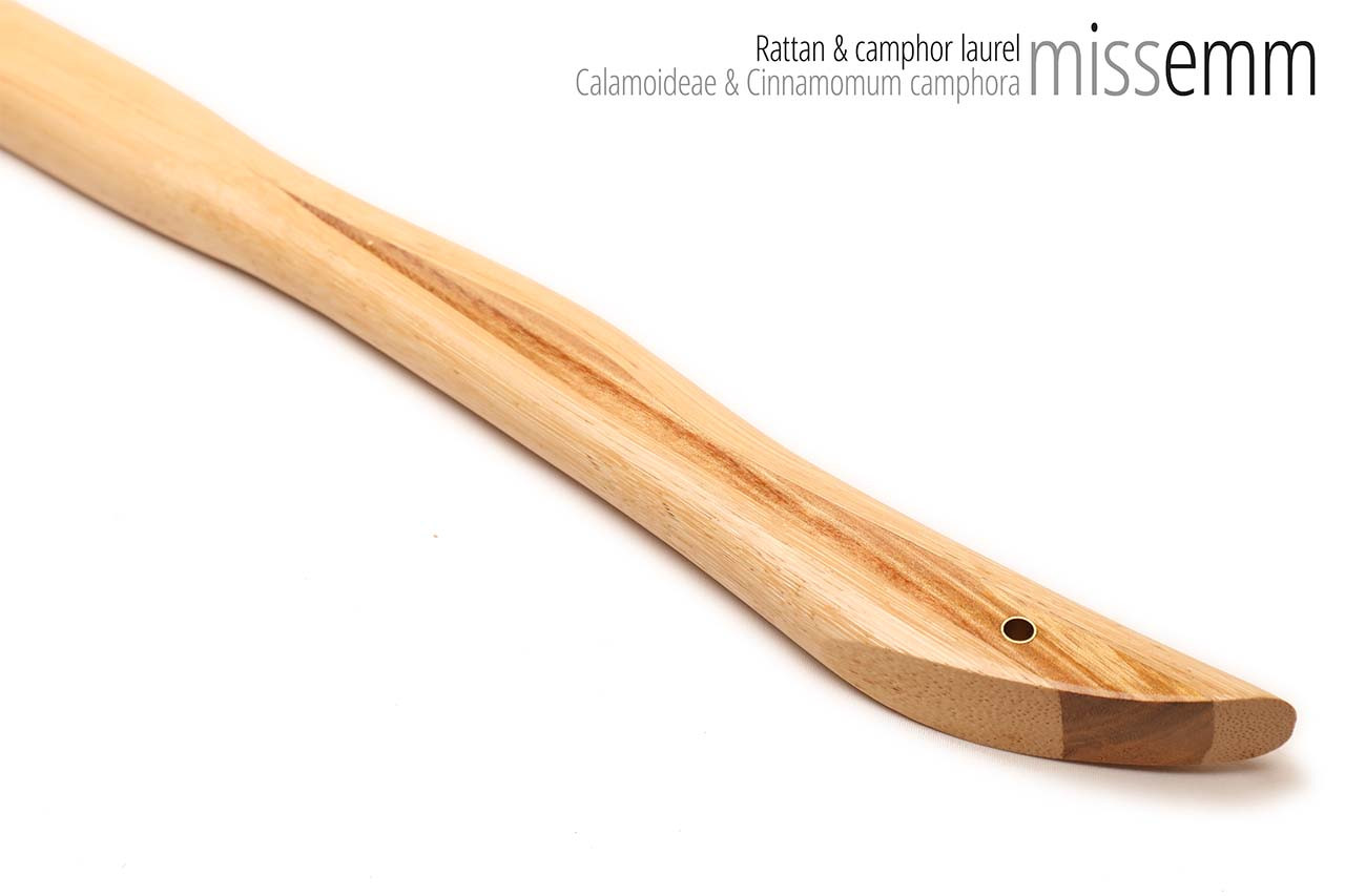 Unique spanking toys | Rattan pane (flat bladed cane) | By kink artisan Miss Emm | The shaft is made from rattan cane and the handle has been handcrafted from camphor laurel with brass details.