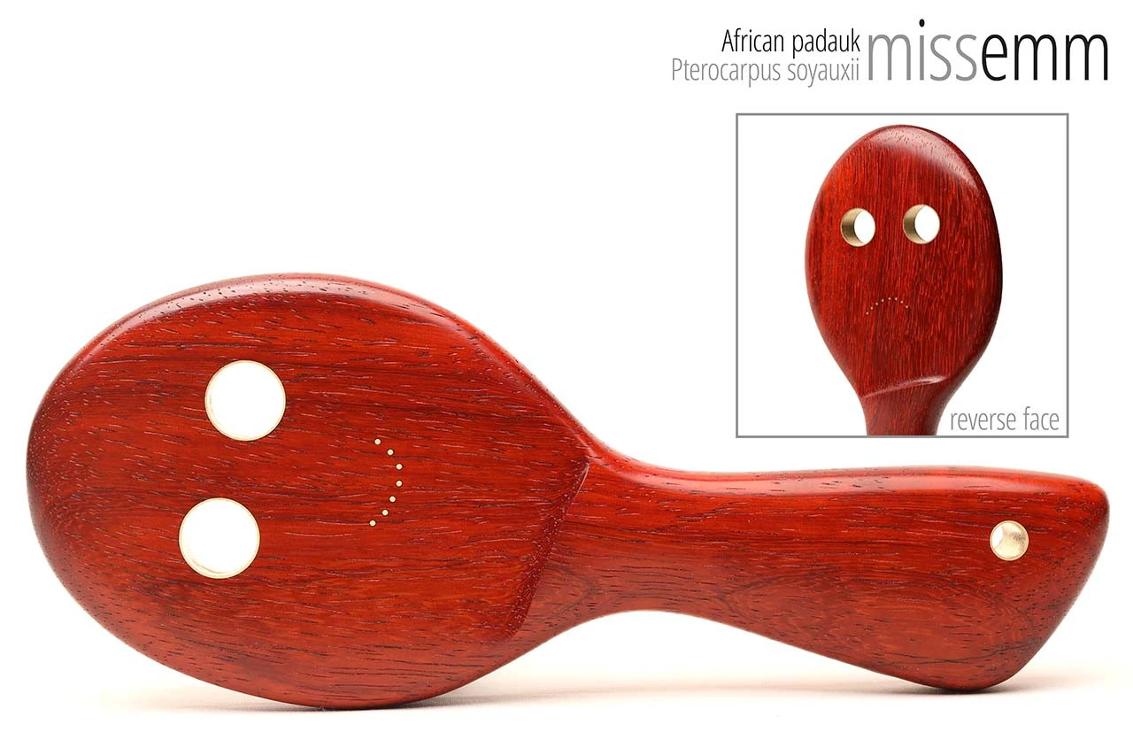 Unique handcrafted spanking toys | Wooden paddle | By kink artisan Miss Emm | Made from African padauk with brass details.