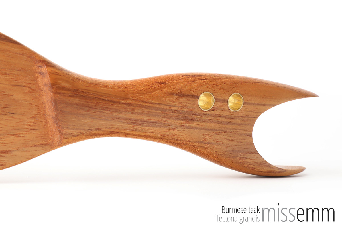 Unique BDSM Toys | OTK Spanking Paddle | by Sydney kink artisan Miss Emm
Made from Burmese teak with brass lined handle and blade holes, this small paddle is perfect for over the knee (OTK) spanking as well as some sensation play with the points of the handle