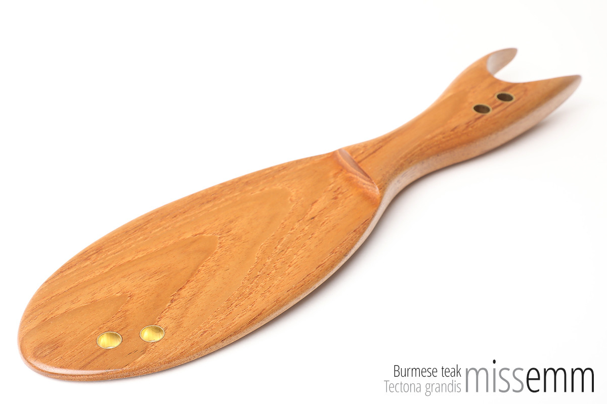 Unique BDSM Toys | OTK Spanking Paddle | by Sydney kink artisan Miss Emm
Made from Burmese teak with brass lined handle and blade holes, this small paddle is perfect for over the knee (OTK) spanking as well as some sensation play with the points of the handle. 