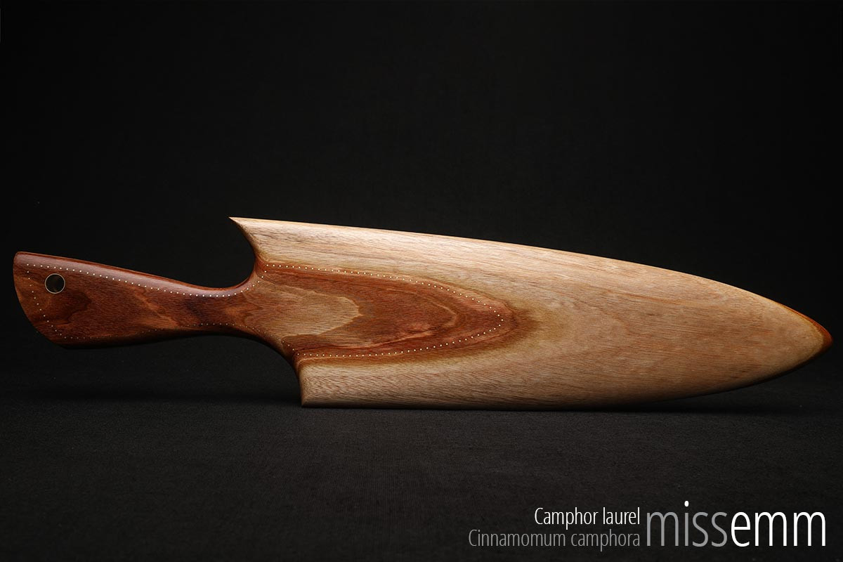 Handmade bdsm toys | Camphor laurel spanking paddle | By fetish artisan Miss Emm | Unique kink implements for FemDoms, Mistresses, Masters, Dominants, masochists, submissives, slaves, and all love impact play.