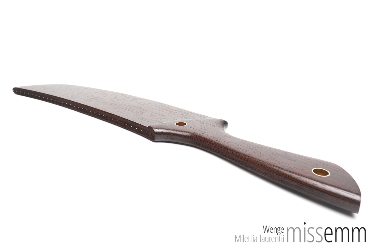 Unique kink toys | Large wood spanking paddle | by kink artisan toymaker Miss Emm | This machete styled spanking paddle is made from wenge with brass details. It is waiting to take pride of place in your kink toybox.