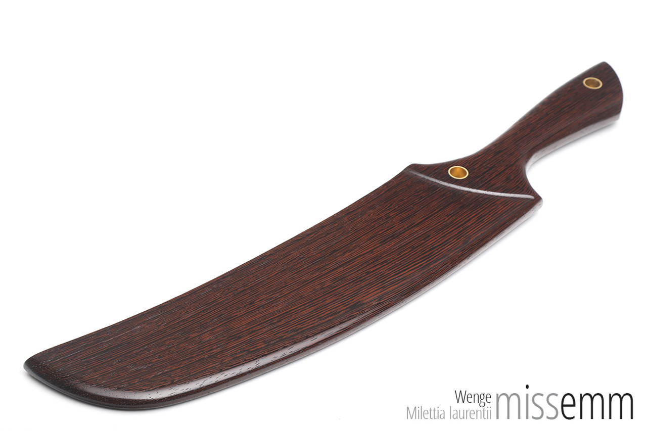 Unique kink toys | Large wood spanking paddle | by kink artisan toymaker Miss Emm | This machete styled spanking paddle is made from wenge with brass details. It is waiting to take pride of place in your kink toybox.