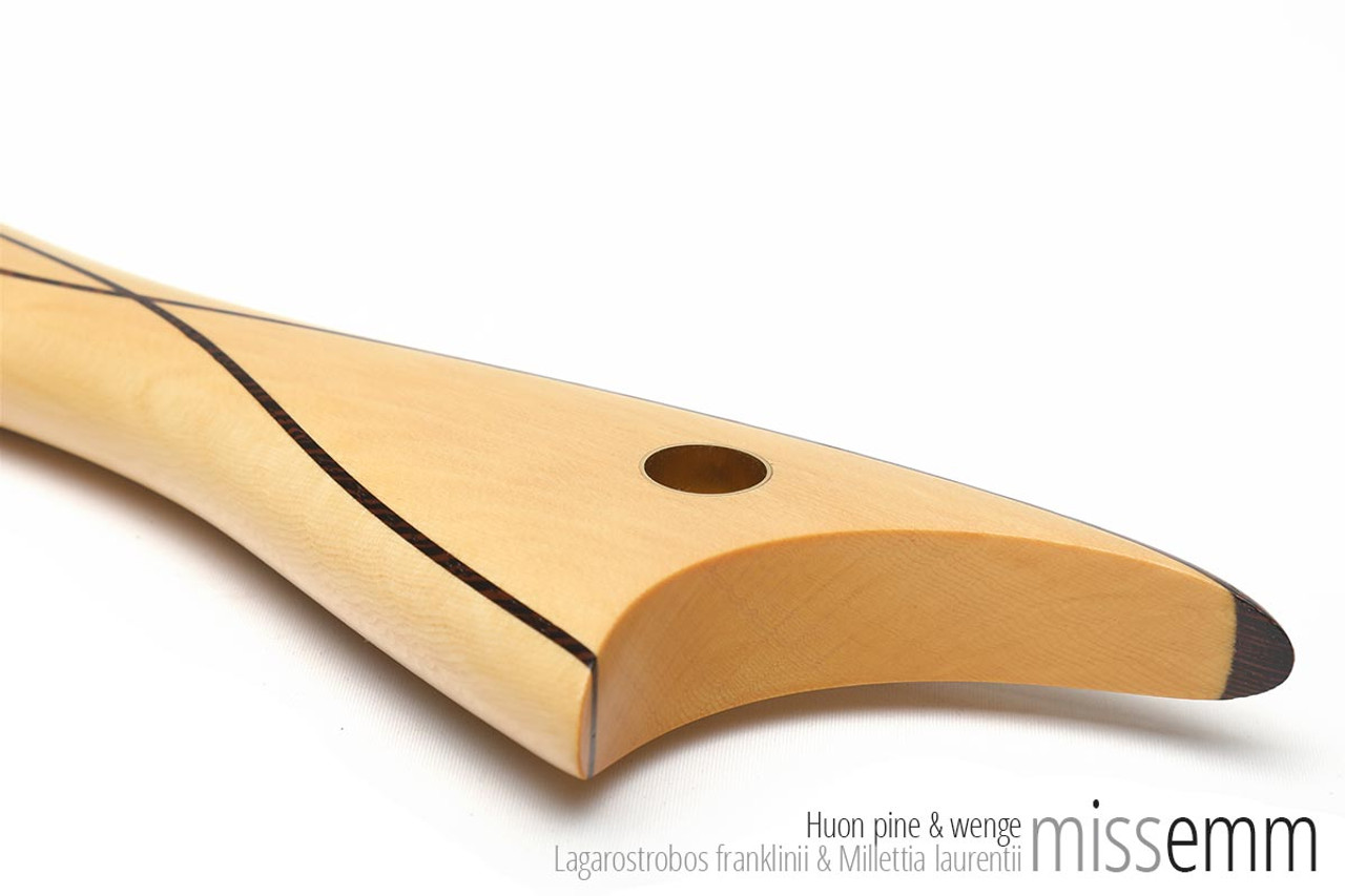 Unique handmade spanking paddle | Huon pine & wenge | By Australian kink artisan Miss Emm | This stunning bdsm spanking paddle is a classic example of Miss Emm's unique and elegant style which has led to her work gracing the dungeons and kinky toyboxes of fetish lovers across the world. 