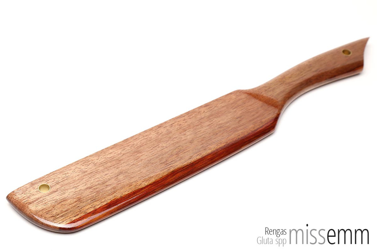 Unique handcrafted bdsm toys | Wooden spanking paddle | Made from rengas with brass details | This classic knife styled discipline implement is the perfect addition to your kinky toybox.