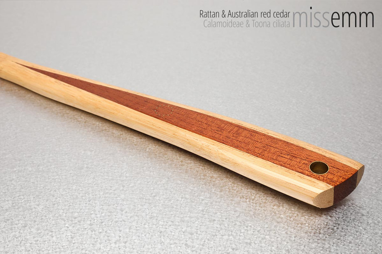 Unique handcrafted bdsm toys | Rattan spanking pane (flat bladed cane) | By kink artisan Miss Emm | The shaft is solid rattan and the handle is made from Australian red cedar with brass details. This long and luxurious kink implement will take pride of place in any dungeon :)